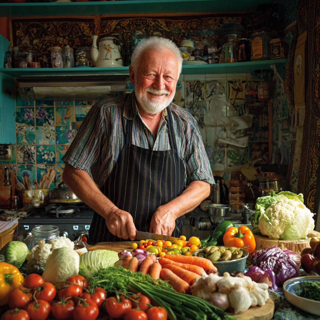 Diverse group of Ukrainian adults preparing healthy anti-inflammatory foods in a modern kitchen, focused on colorful vegetables and wholesome ingredients